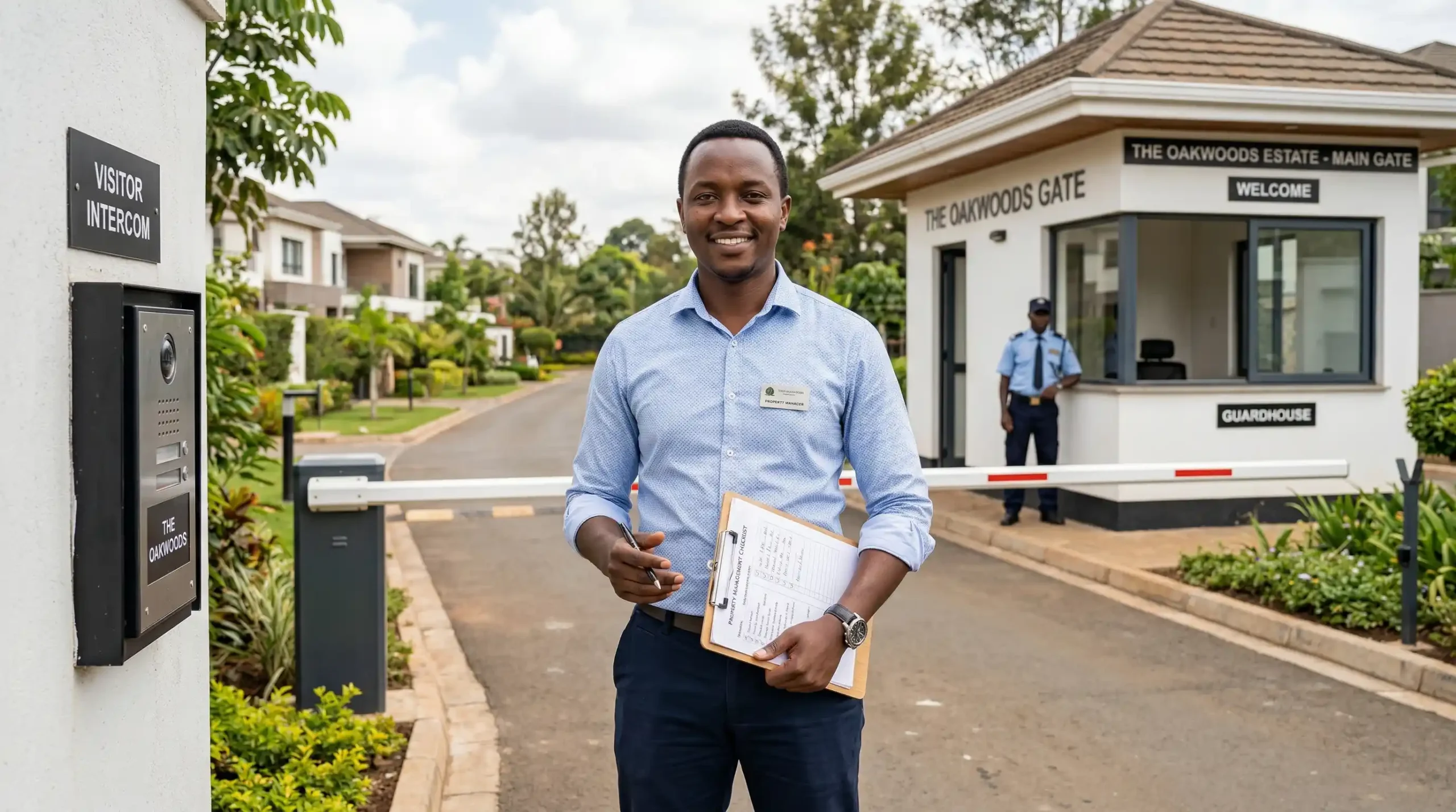 Professional property manager standing at the entrance of a gated community in Nairobi, holding a clipboard in front of a security barrier and guardhouse