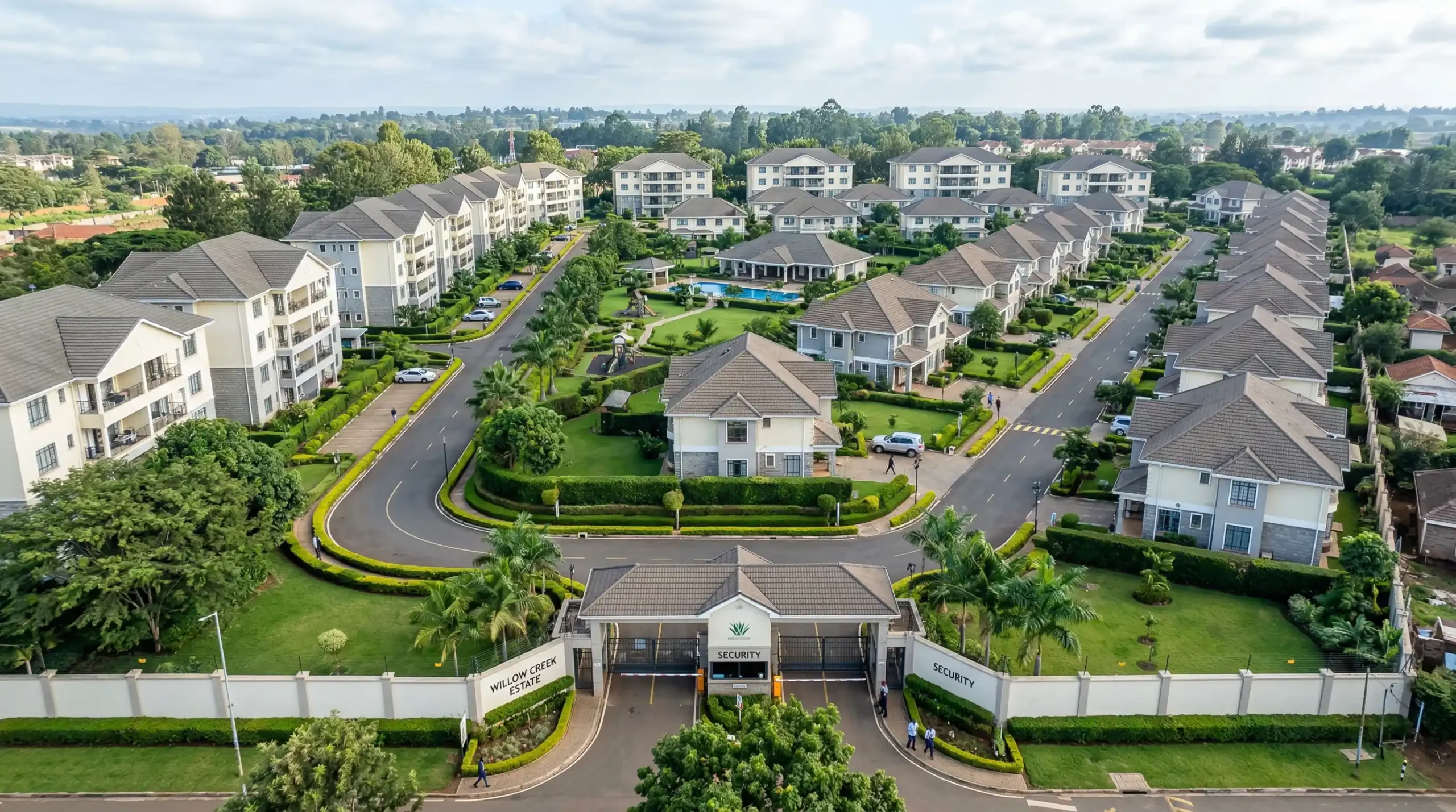 Aerial view of a well-maintained gated residential estate in Nairobi with manicured gardens, tarmac roads, and a secure entrance gatehouse