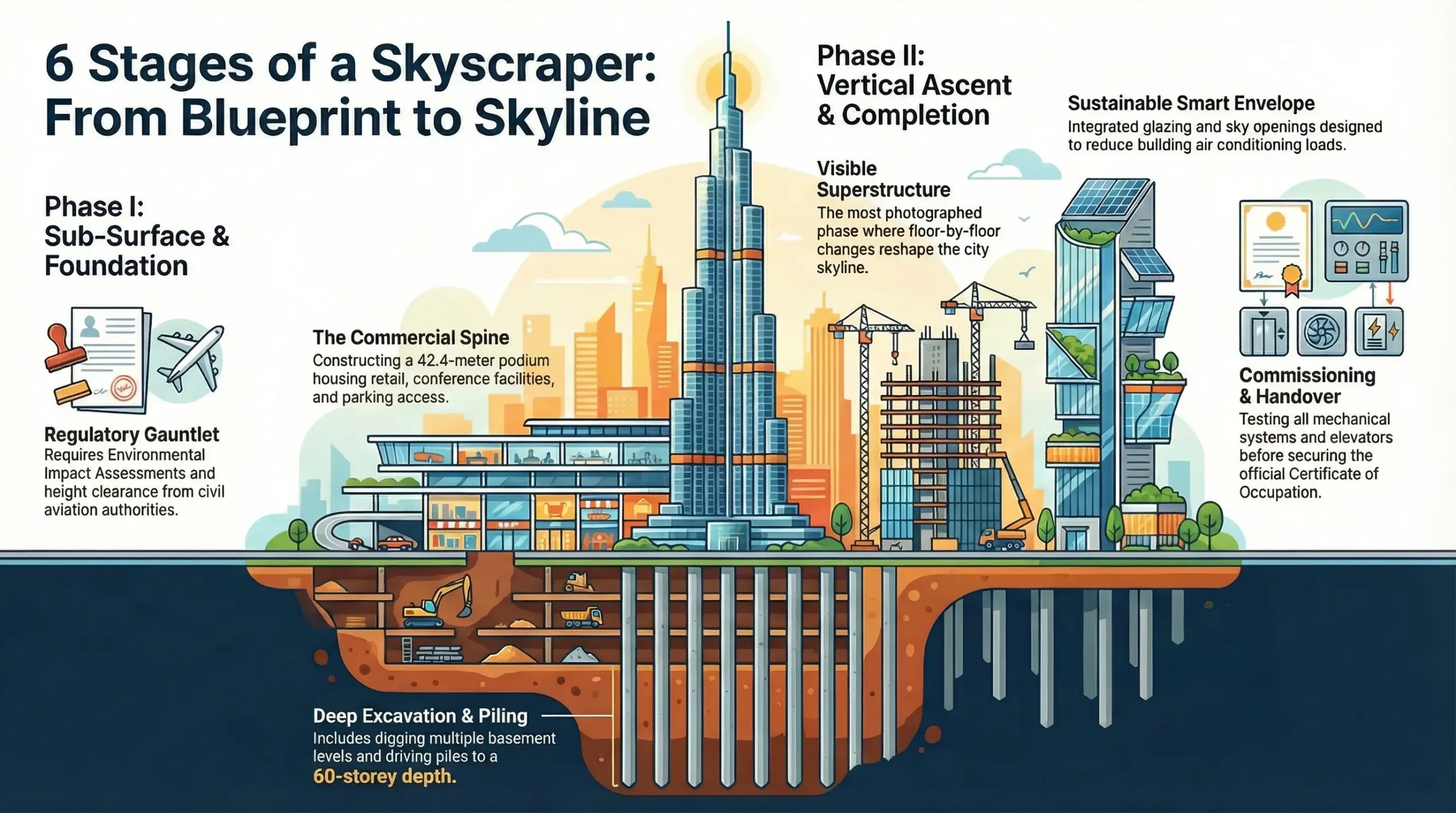 Infographic illustrating the 6 construction stages of the NSSF Twin Towers skyscraper: regulatory approvals, deep excavation and piling to 60-storey depth, podium construction (42.4m commercial spine), visible superstructure rise, sustainable smart envelope with integrated glazing and sky openings, and commissioning and handover.