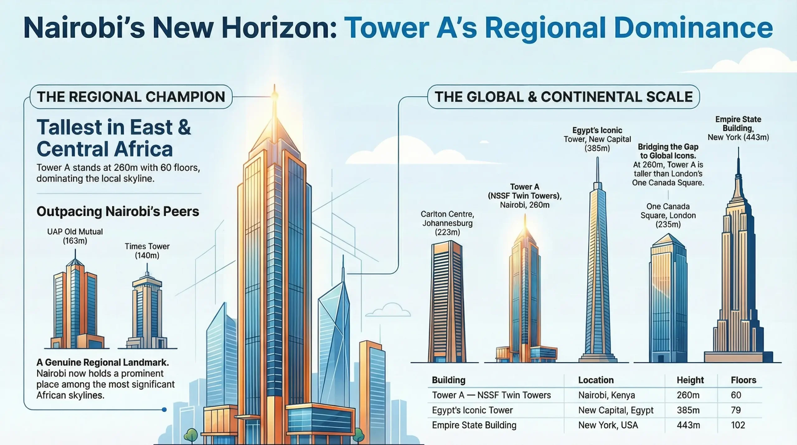 Infographic comparing Tower A of the NSSF Twin Towers (260m, 60 floors) to Nairobi's UAP Old Mutual Tower (163m), Times Tower (140m), Carlton Centre Johannesburg (223m), Egypt's Iconic Tower (385m), One Canada Square London (235m), and the Empire State Building New York (443m).