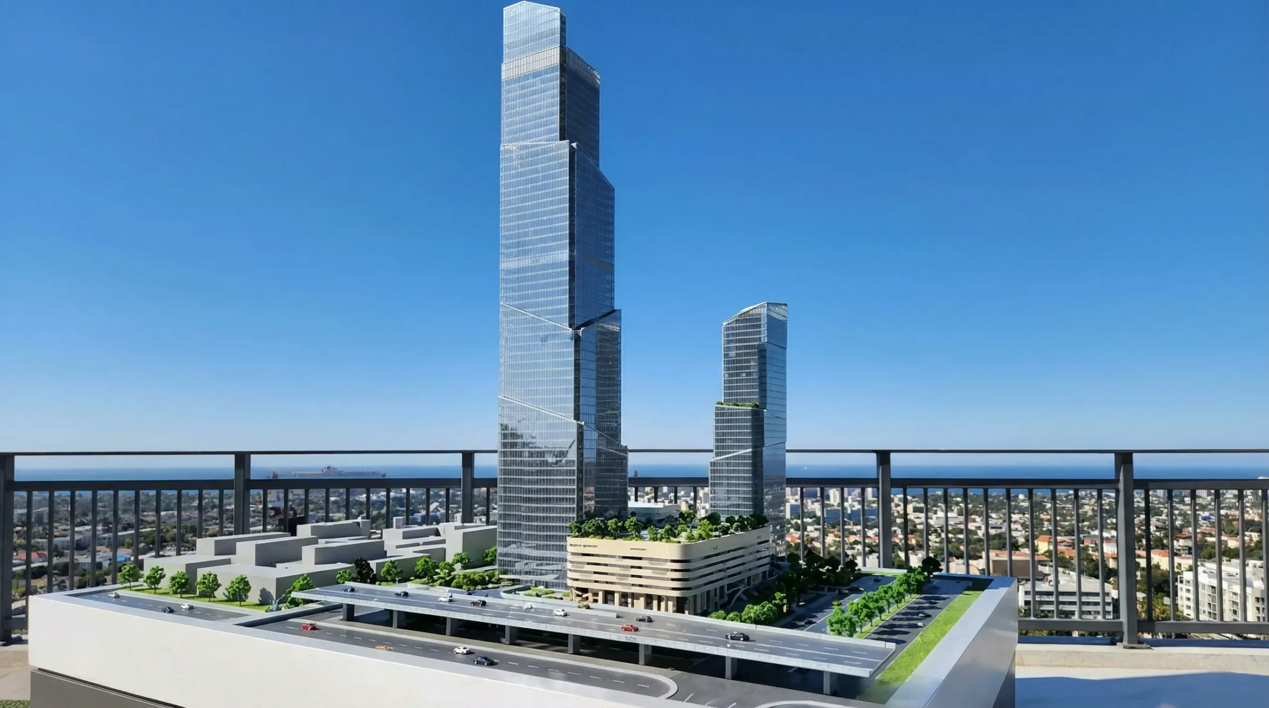 NSSF Twin Towers Nairobi architectural render showing Tower A (260m) and Tower B with shared podium, access roads, and green landscaping