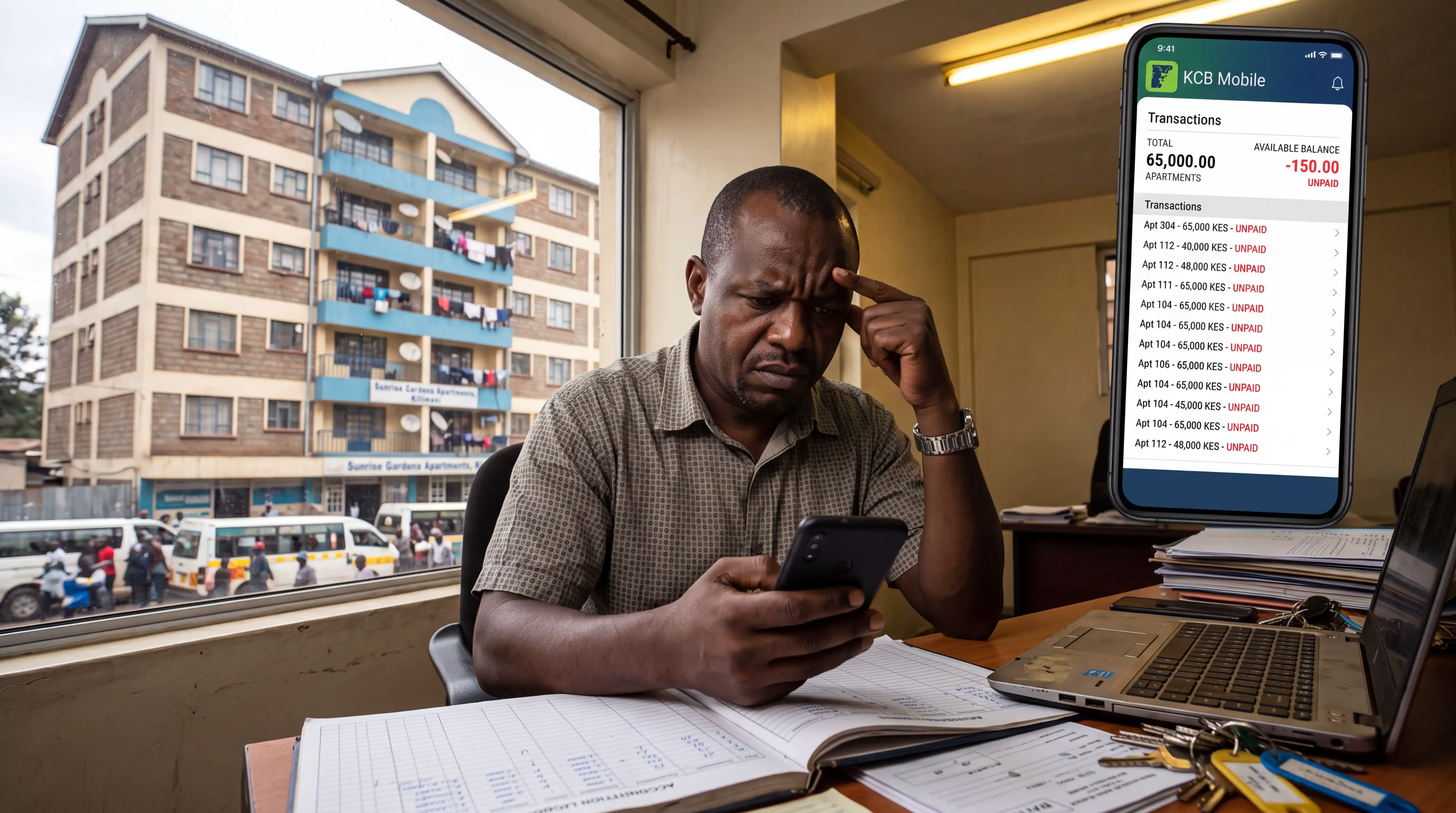 Nairobi landlord checking phone for unpaid rent notification