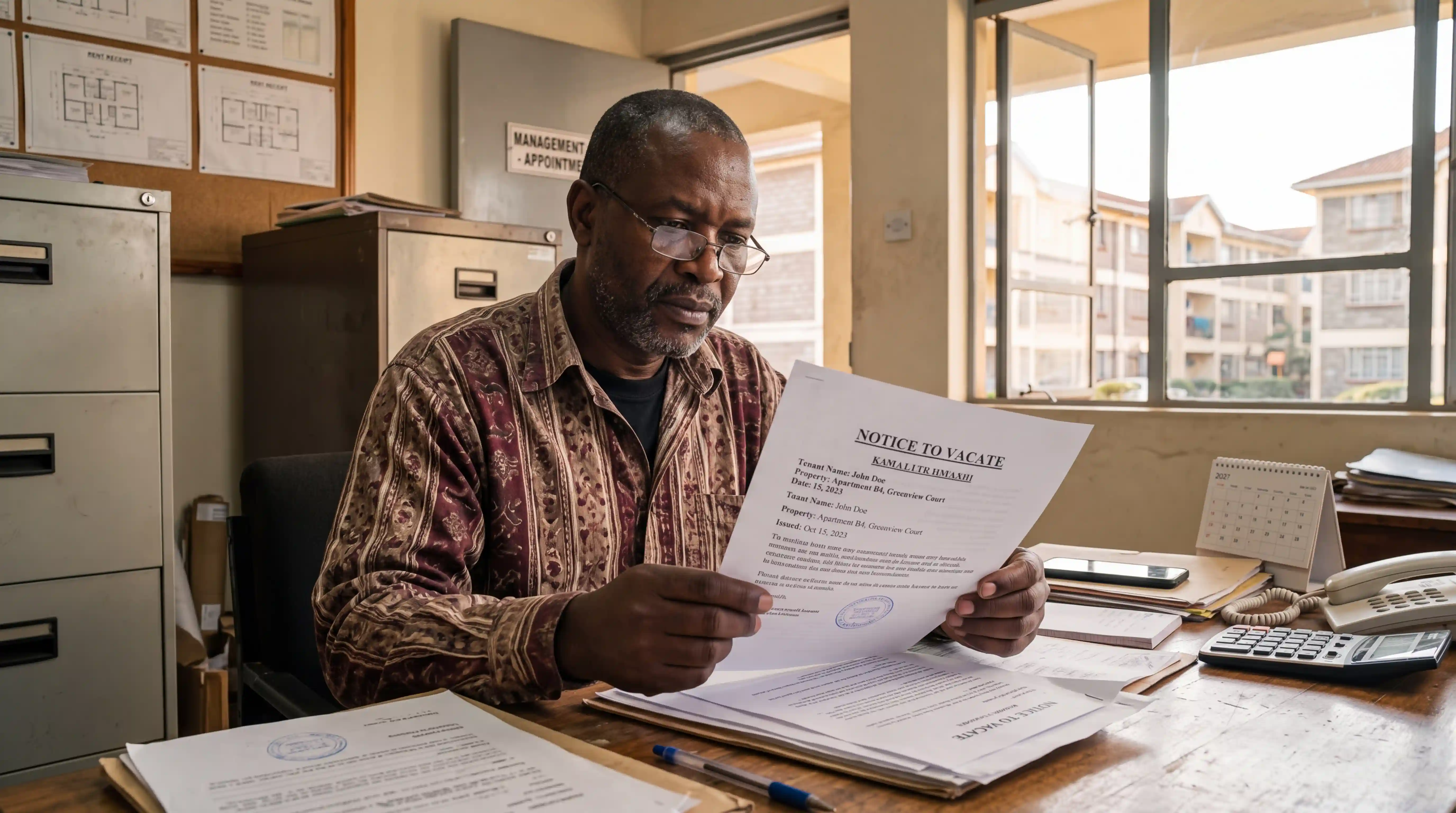 Landlord reviewing a formal eviction notice to vacate in Kenya